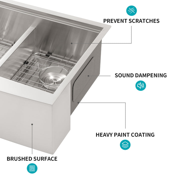 Double Bowl Farmhouse Sink Workstation 33" Stainless Steel 16 Gauge Apron Front - Black / Gray