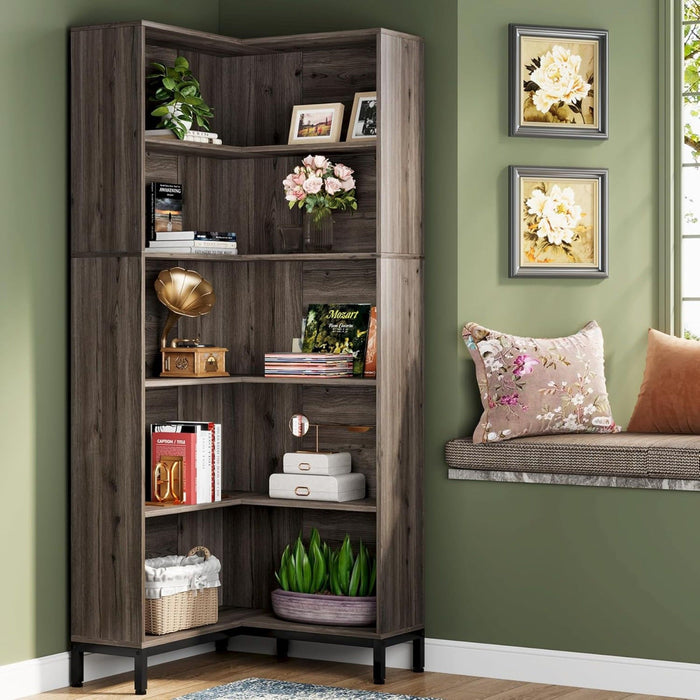 L-Shaped Bookcase, 5 Tier Freestanding Corner Bookshelf