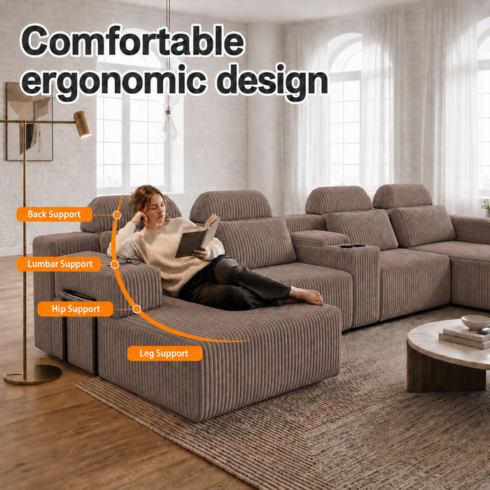 U-Shaped Sectional Sofa With Chaise Lounge And Cup Holders