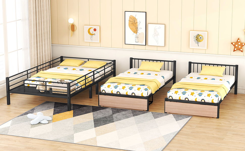 Triple Bunk Bed With Drawers, Multi-Functional Frame With Desks And Shelves In The Middle