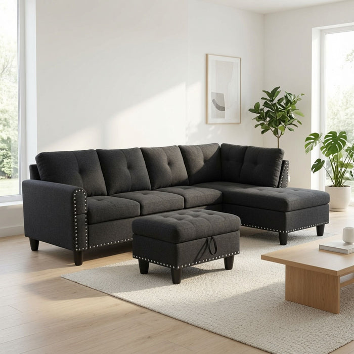 L - Shaped 3 Piece Sectional Sofa With Chaise, Storage Ottoman & Cup Holders