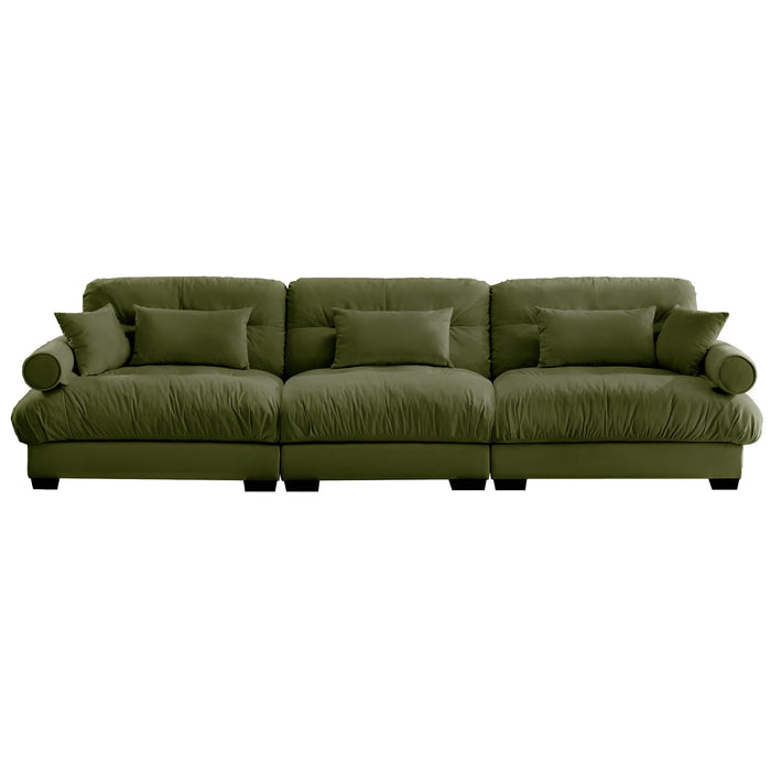 Modern Velvet Sofa With Bolstered Armrests And Pillows