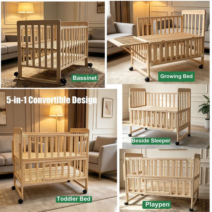 Portable Mini Baby Crib 5 In 1 Convertible With Foldable Storage - Natural Wood