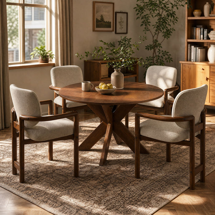 5 Piece Indoor Dining Set, Round Table & 4 Brown Arm Chairs - Beige / Brown / Cherry