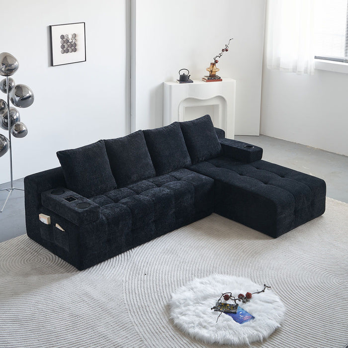 L - Shaped Sectional Sofa With Side Pockets, Wireless Charging, USB Ports, Cup Holder, Bluetooth Speaker, Reversible Lounge Chaise - Black