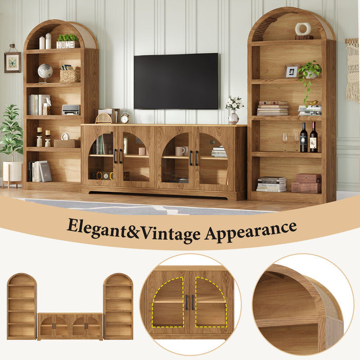 3 Piece TV Stand Set With Bookshelf With Arched Design For Living Room - Brown
