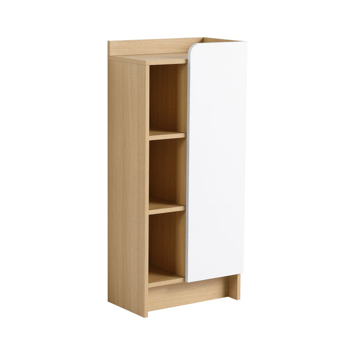 Freestanding Bathroom Side Cabinet, Narrow Storage Cabinet With Single Door & 3 Tier Open Shelves - Black / Light Oak / White