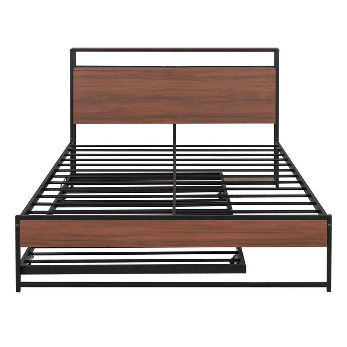Platform Bed Frame With Trundle, USB Ports And Slat Support, No Box Spring Needed