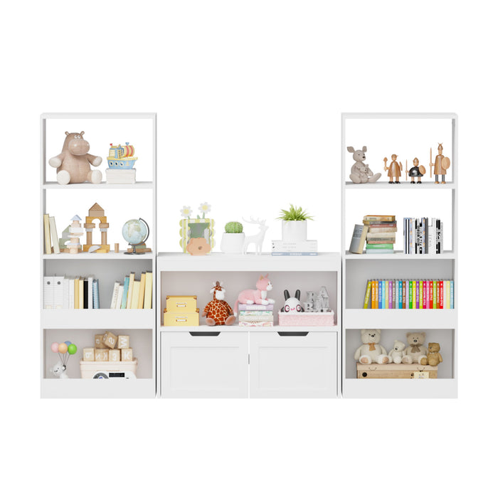 Book Organizer With Large Drawers And Open Shelves, Toy Storage Cabinet With Removable Wheels And Rounded Edges - White
