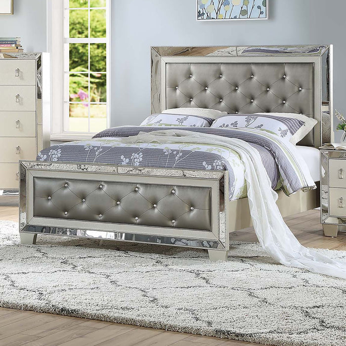 Glamorous Tufted Headboard Bed With Mirror Trim