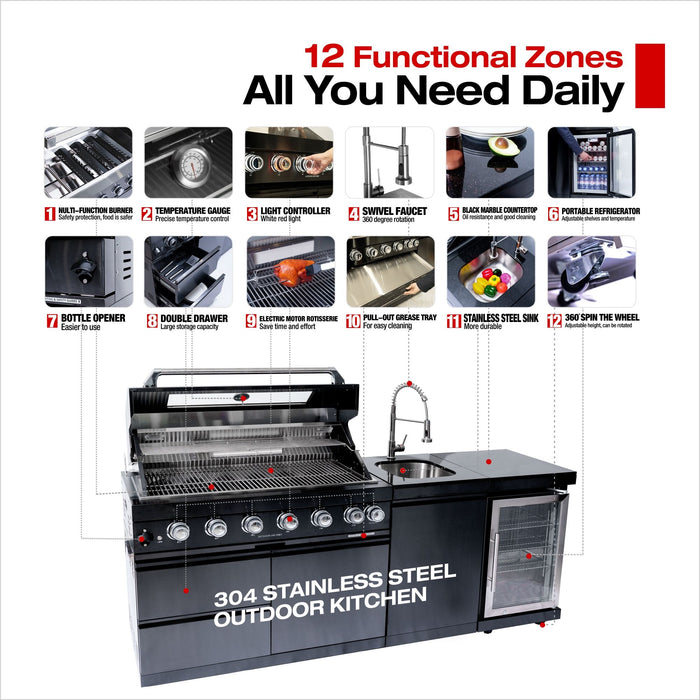 6 Burner 85, 000 Btu Outdoor Kitchen Island Grill With Wine Cooler Refrigerator, Rotisserie Kit, Granite Countertops & Sink - Black