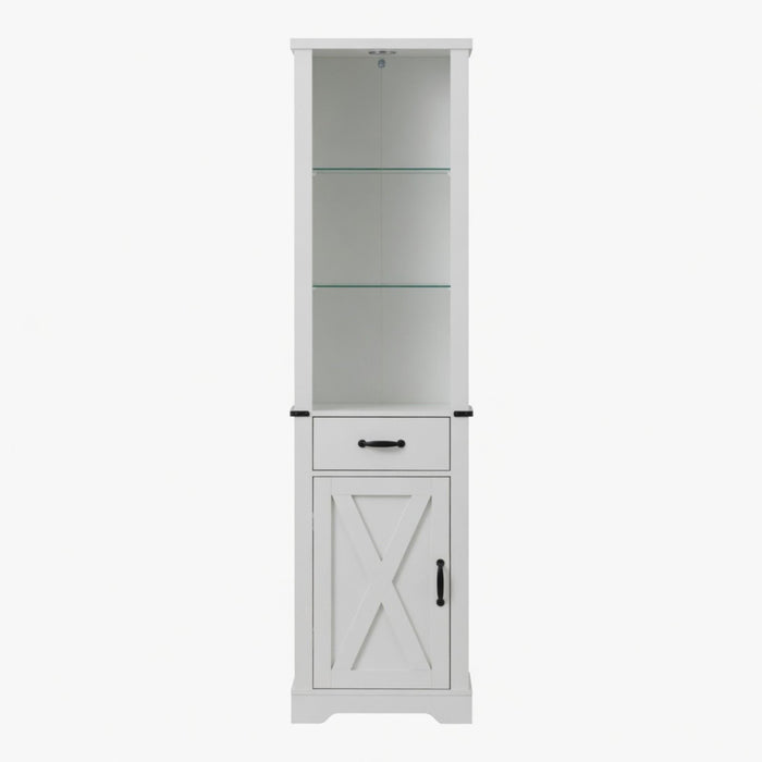 Pantry Cabinet With LED Lights And Barn Door With Tempered Glass Shelves - White