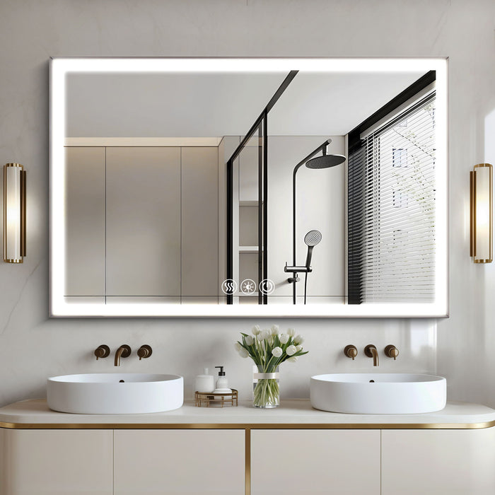 Modern LED Bathroom Vanity Mirror With Aluminum Frame, 45° Beveled Lights, Anti Fog - Silver