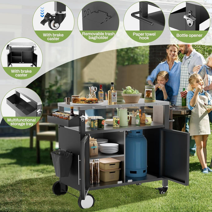 Outdoor Grill Cart With Storage, Rolling Bar Cart With Hooks And Spice Rack Stainless Steel