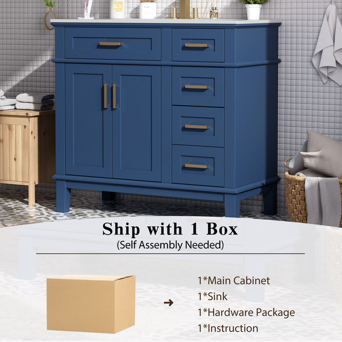 Bathroom Vanity With Ceramic Sink, Soft-Close Doors, 4 Storage Drawers - Blue