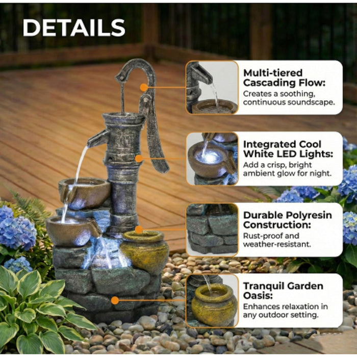 Hand Pump Water Fountain With LED Lights - Gray