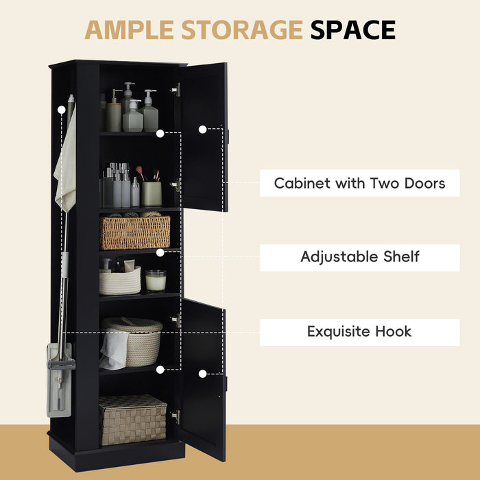 Tall Freestanding Bathroom Storage Cabinet With Adjustable Shelves And Side Hooks Board, Rectangle Design