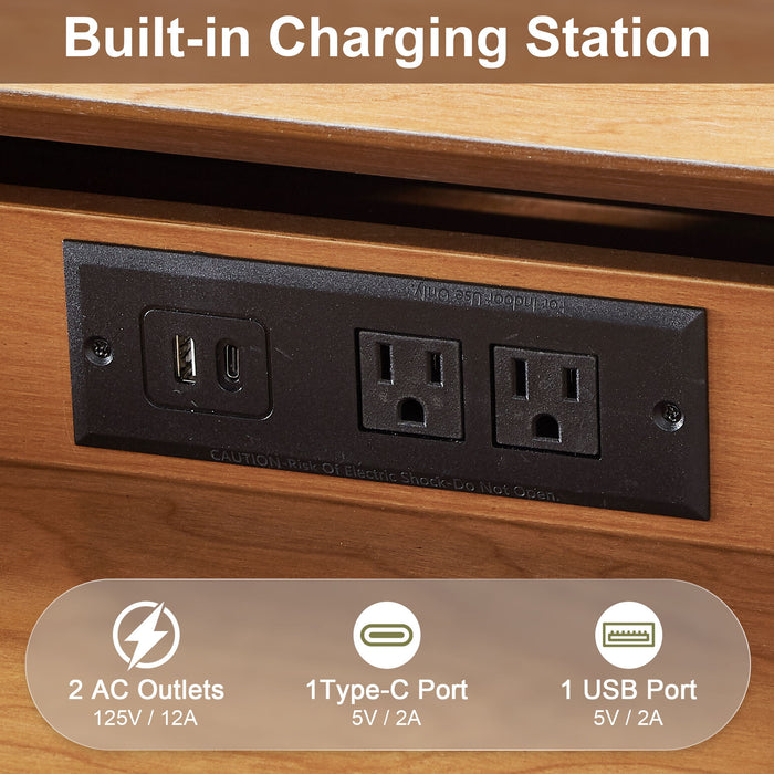 Nightstand With Charging Station, 2 Drawers And Open Shelf, USB / Type C Ports