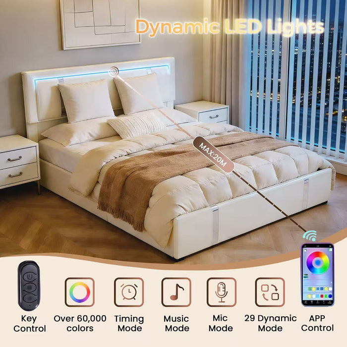 Upholstered Platform Bed Frame With Adjustable LED Headboard, USB C-Charging, Hydraulic Lift