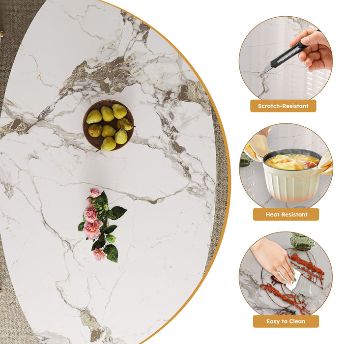 Oval Dining Table With Stainless Steel Base, Sturdy And Stable Design For Kitchen, Dining Room - Brown / White