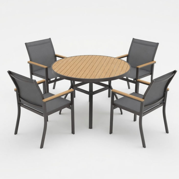 Gray Aluminum Patio Dining Set With Textilene Chairs, 5 Piece All Weather Round Table And 4 Seater For Garden, Deck, Or Porch