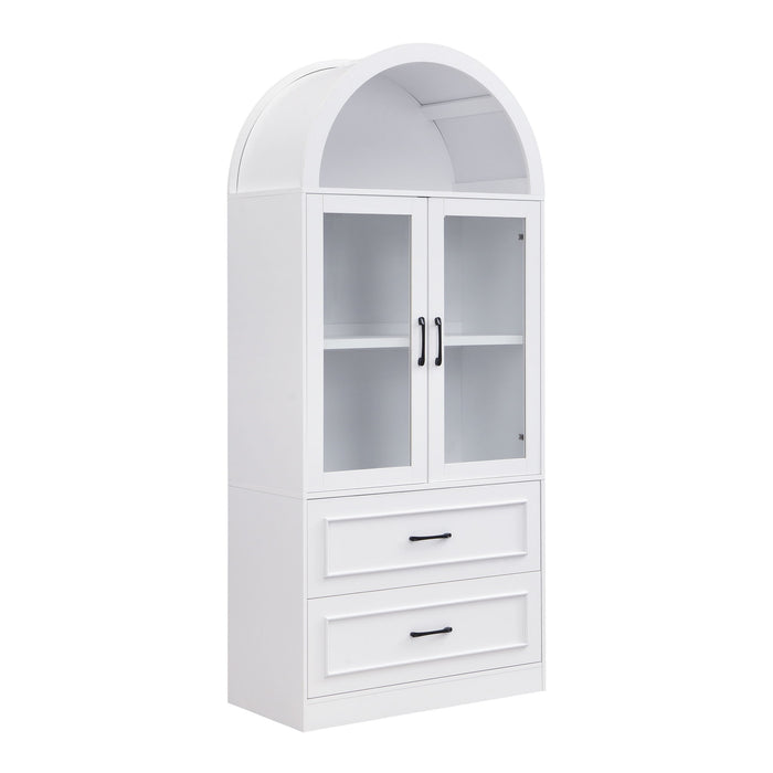 Arched Top Storage Cabinet With Fixed 2 Tier Shelves, 2 Large Drawers