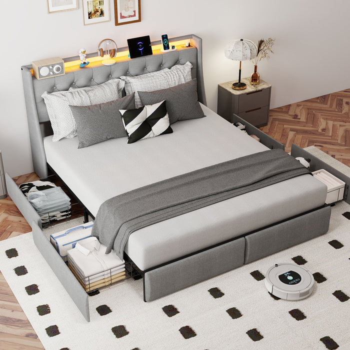 Platform Bed Frame With RGB LED Lights, Charging Station, Storage Headboard & 4 Underbed Drawers