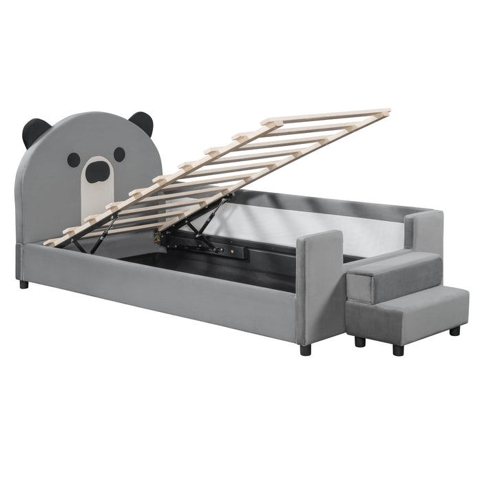 Upholstered Daybed With Bear Shaped Headboard, Hydraulic System And Breathable Mesh Fence