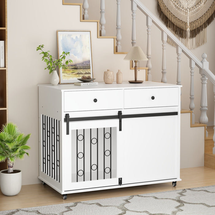 Dog Crate Furniture With Double Drawers And Sliding Barn Door, Pet Kennel For Small To Medium Dogs - White