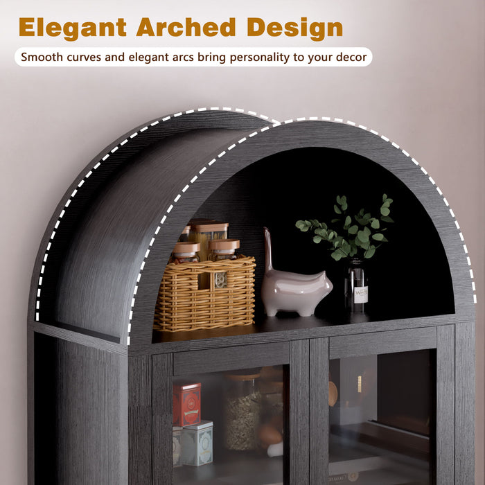 Fluted Tall Arched Pantry Cabinet With Adjustable Shelves, Glass Door & Hidden Drawer For Kitchen