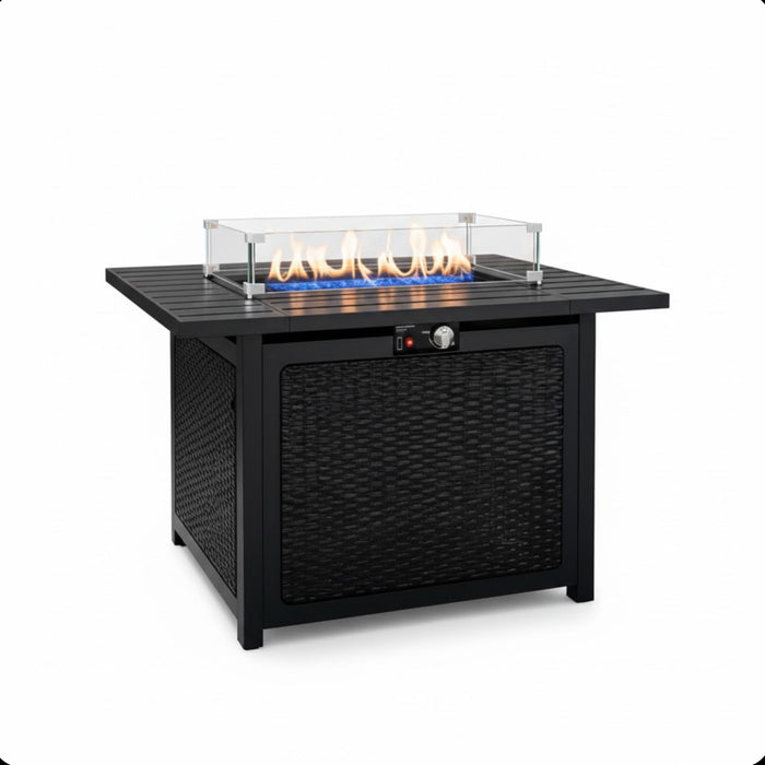 Outdoor 2 In 1 Propane Fire Pit Table With Lid & Glass Shield, Rectangular Fire Table, Lava Rock & Cover - Black