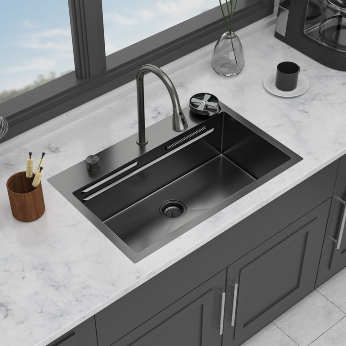 Drop In Waterfall Kitchen Sink With Pull Out Faucet & Cup Washer
