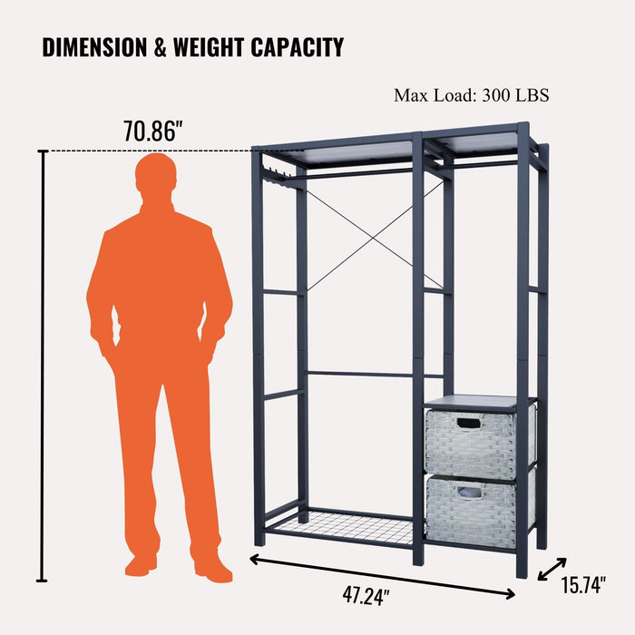 Garment Rack With Shelves, 2 Wicker Drawers, 4 Hooks, Organizer