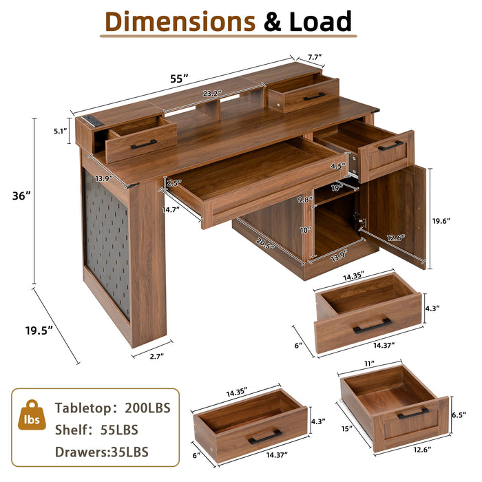 Office Desk With Storage Cabinet, Charging Station, Monitor Stand & Pegboard