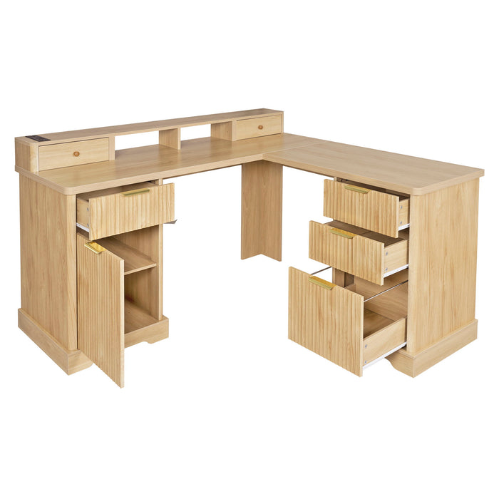 Fluted L-Shaped Desk With Charging Station & Storage Cabinet