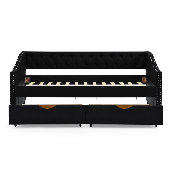 Upholstered Tufted Daybed With 2 Drawers, Waved Arms