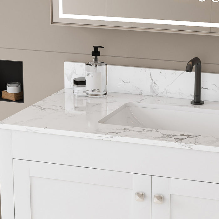 43" Bathroom Vanity With Artificial Marble Carrara Top Set, Multi Functional Cabinet With Doors And Drawer - White