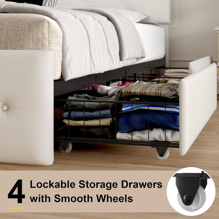 Upholstered Bed Frame With LED Lights, 4 Storage Drawers, Charging Station