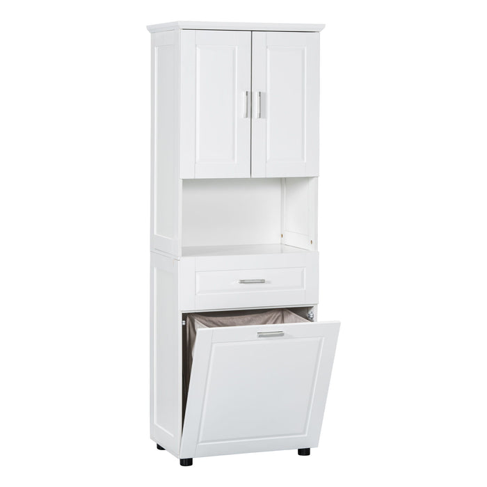 Tall Bathroom Cabinet With Tilt-Out Laundry Basket And Upper Storage