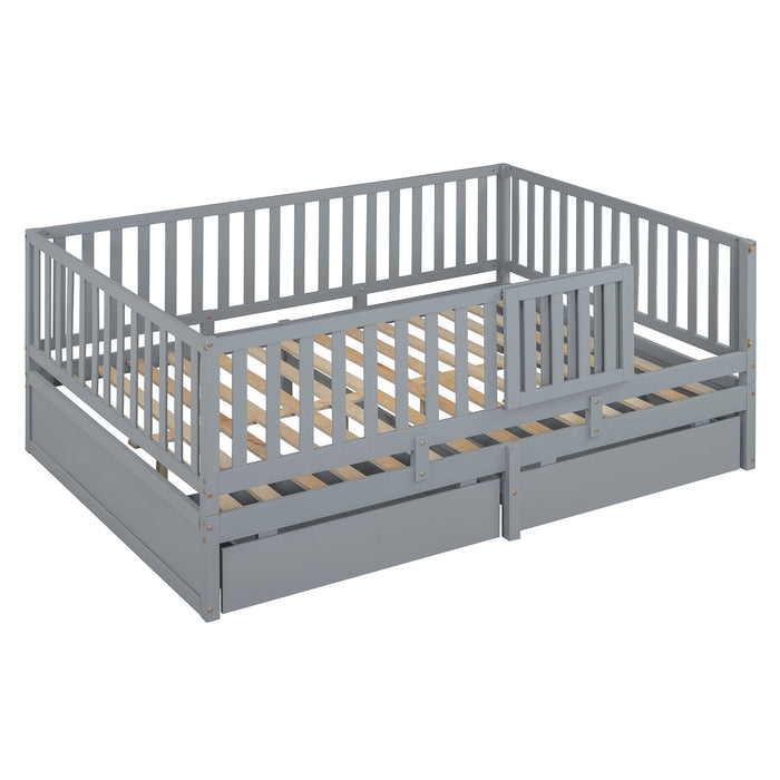 Daybed With Fence Guardrails And 2 Drawers, Split Into Independent Floor Bed & Daybed