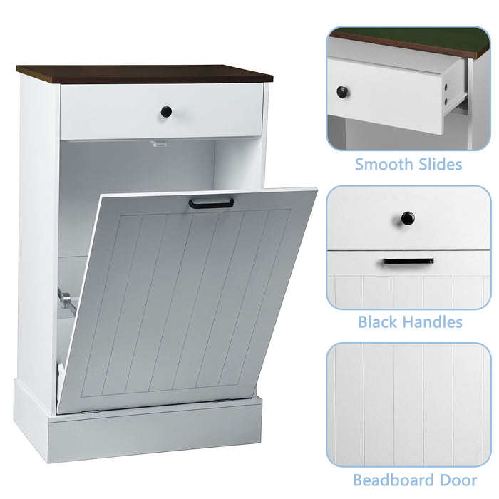 Tilt Out Trash Cabinet With Drawer, 10 Gallon Hamper - White
