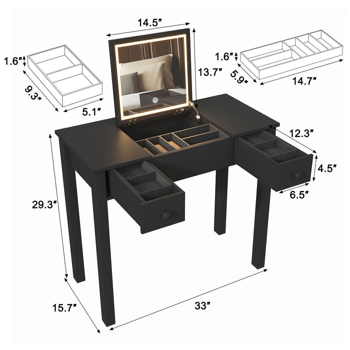 Vanity Table With LED Lights, Flip-Top Mirror And 2 Drawers, Jewelry Storage