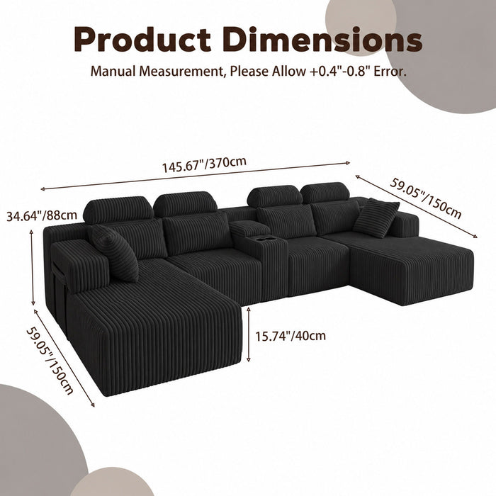 U-Shaped Sectional Sofa With Chaise Lounge And Cup Holders
