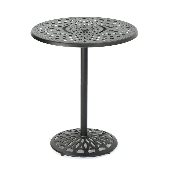 Elegant Cast Aluminum Round Bar Table With Romantic Filigree Design - Copper
