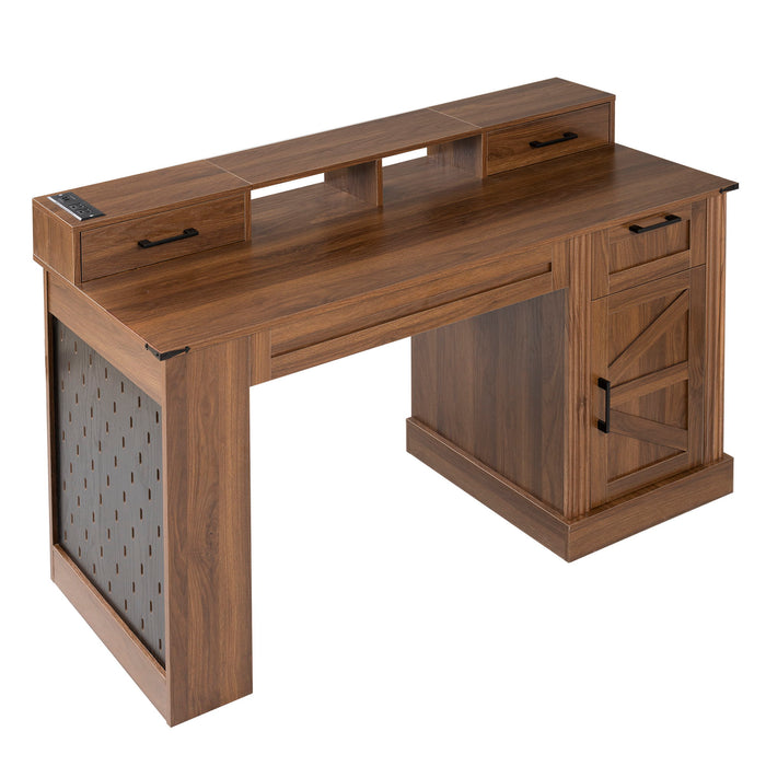 Office Desk With Storage Cabinet, Charging Station, Monitor Stand & Pegboard