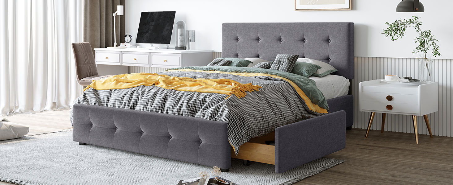 Upholstered Platform Bed With Classic Headboard And Drawers, No Box Spring Needed