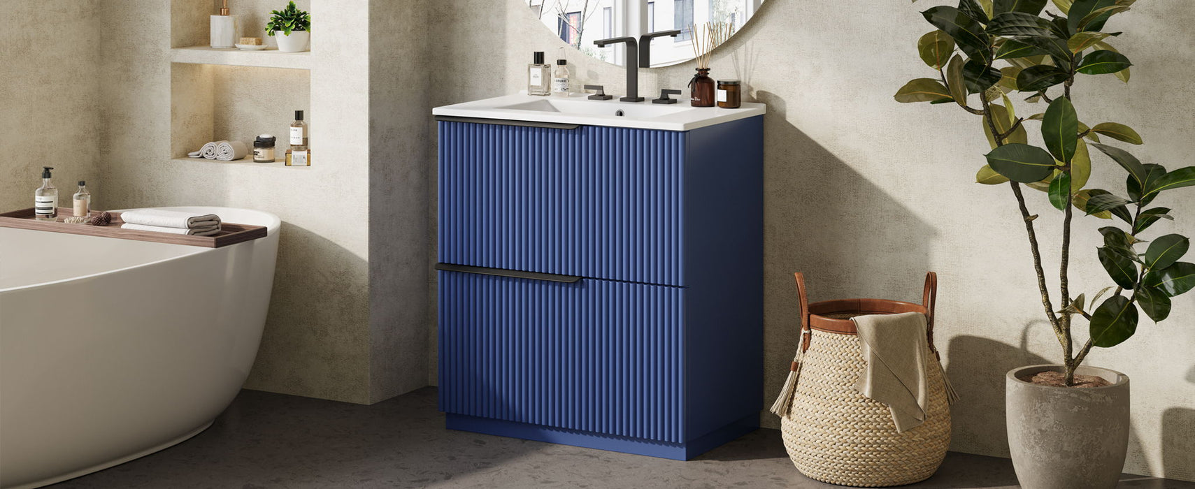 Fluted Bathroom Vanity With Ceramic Sink, Freestanding Cabinet