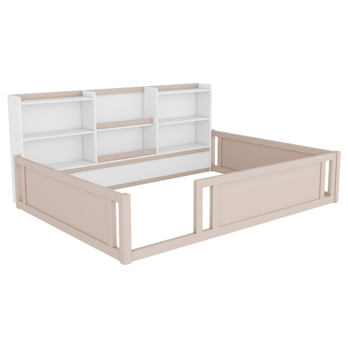 Platform Floor Bed With Guardrail Fence And Side Storage Shelves