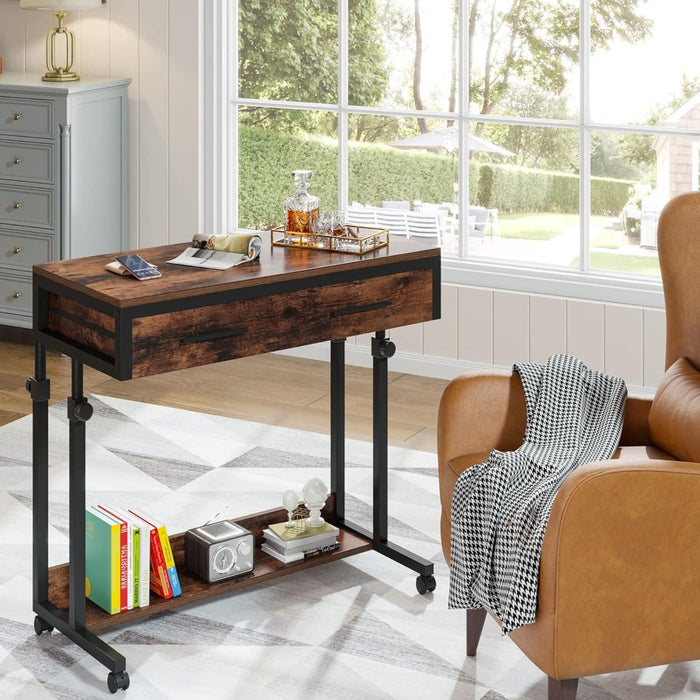 Portable Laptop Desk With Drawer & Wheels, Height Adjustable, Storage Shelf - Brown / Black