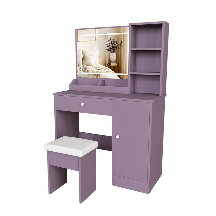 Vanity Desk Set With Padded Stool & Adjustable LED Mirror, 3 Color Mode Lighting, Compact For Bedroom - Purple
